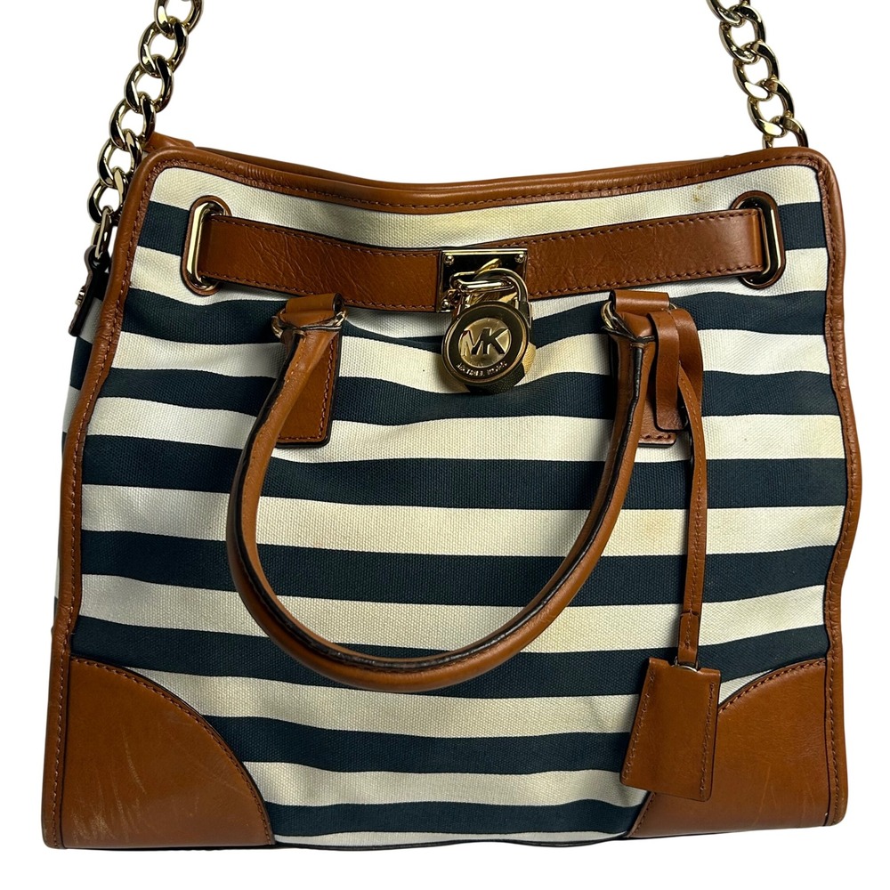 Michael Kors Hamilton Navy Stripe Canvas Cognac Leather Satchel Shoulder Bag